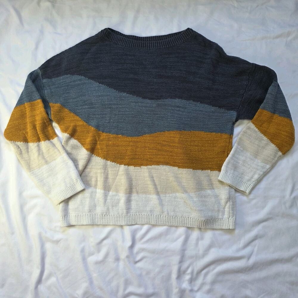 EUC Womens L Garnet Hill Agate Linen Organic Cotton Striped Boxy Short Sweater